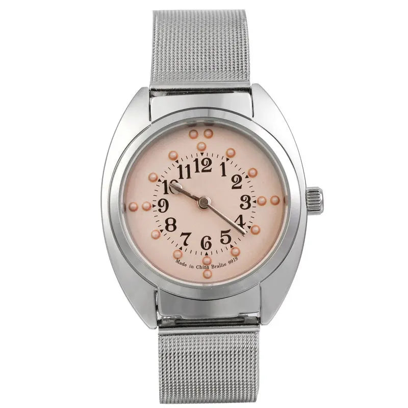 Unisex Braille Watch Chrome Steel Mesh Band-White Dial for Blind People or Visually Impaired People or Old People