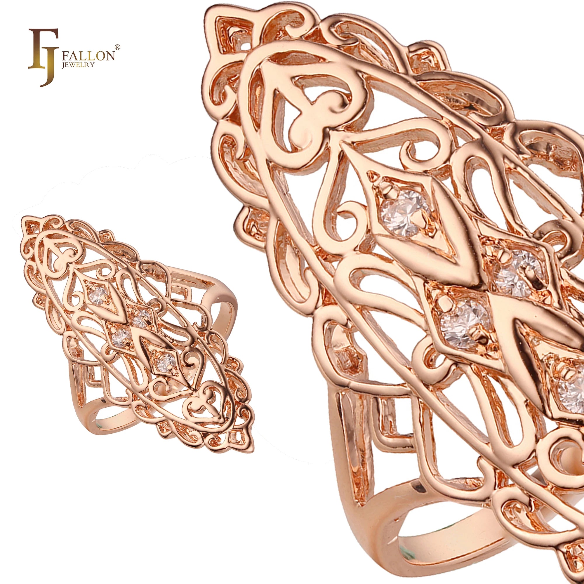 FJ Fallon Fashion Jewelry Great Filigree Rings Plated in Rose Gold Brass Based