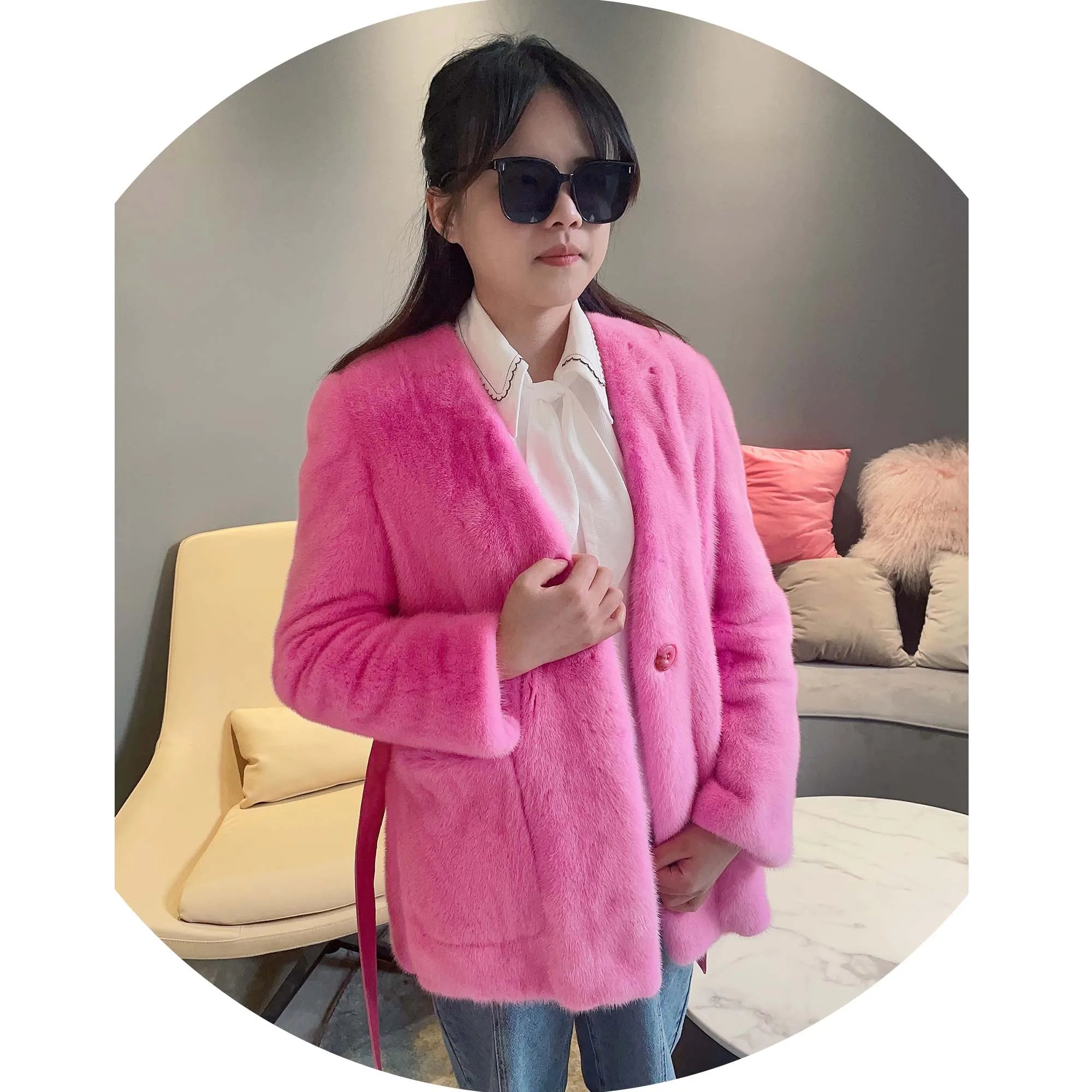 Cute Pink Leather Belt Big Pocket Long Length Luxury Genuine Mink Fur Skin Coat