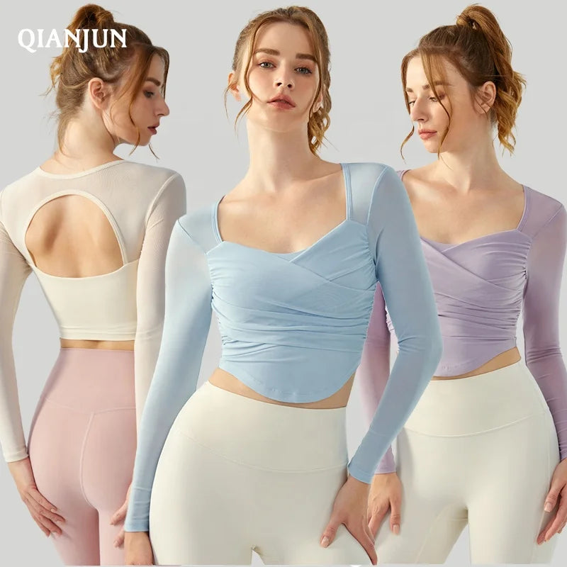 Knit Solid Color Split Belly Thread Sports One Cup Yoga Long Sleeve Running Fitness Yoga Jacket
