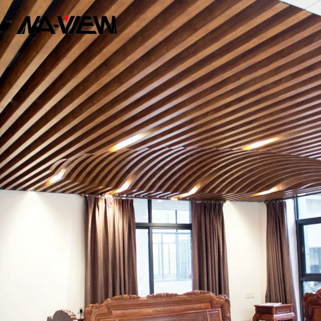 Modern Wooden Grain Aluminum Waterproof Perforated U Shape Stretch Baffle Fireproof Sound-Absorbing Ceiling Suspended Hospital