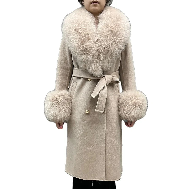 Handmade Fluffy Fox Fur Collar Cashmere Coats Double Breasted Long Sheep Wool Fur Coat for Women