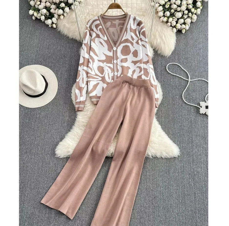 Women's Fashion Suit  Loose Long V-neck Knitted Sweater Coat Falling Straight Pants Two-piece Set