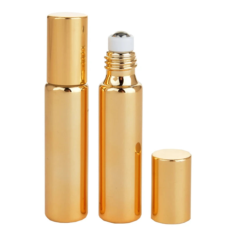 Luxury Golden 10 ml Electroplate Gold Roll on Glass 10ml Roller Ball Perfume Bottle for Essential Oils
