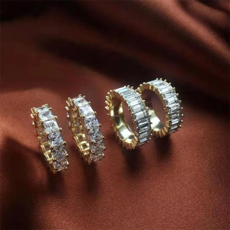 High End AAA Zircon Pave Rings 18k Gold Plated baguette Ring Stainless Steel Jewelry for Women