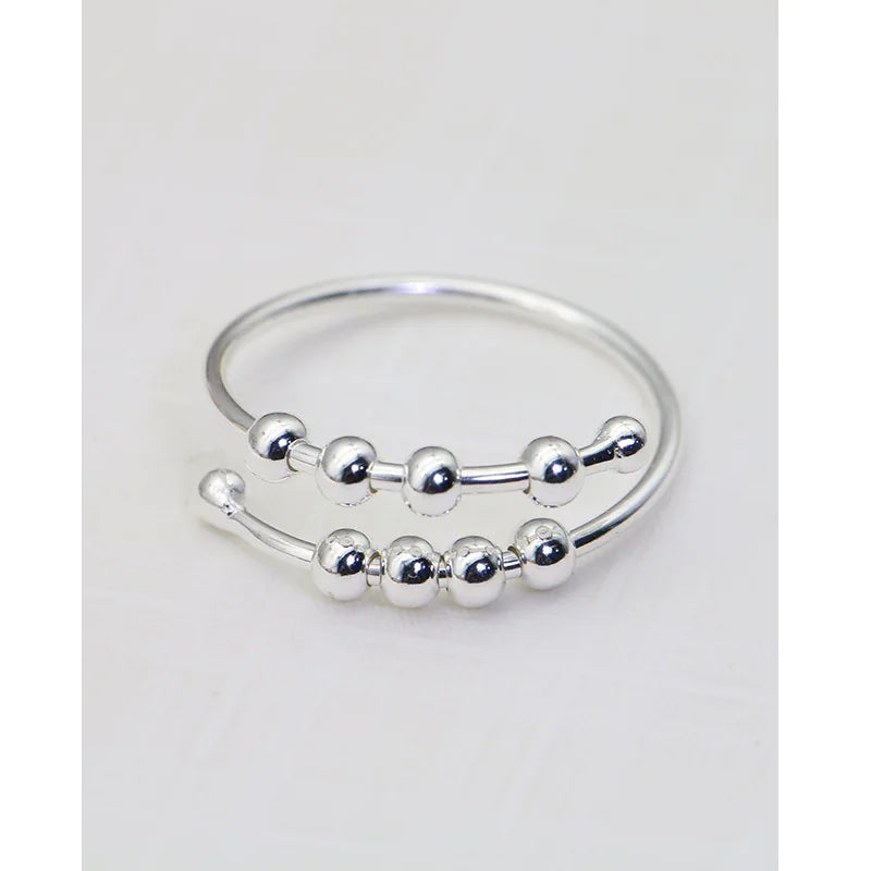 S925 Sterling Silver Solid Spinner Ring Silver Adjustable Finger Anti Anxiety Ring With Beads for Women Stress Relief Jewelry