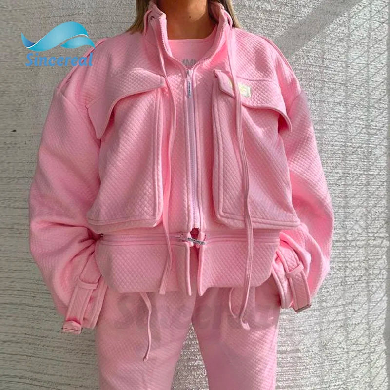 Custom Y2K Streetwear Waffle Quilted Cargo Jacket Jogger Two Piece Set Women Distressed Embroidery Oversize Tracksuit