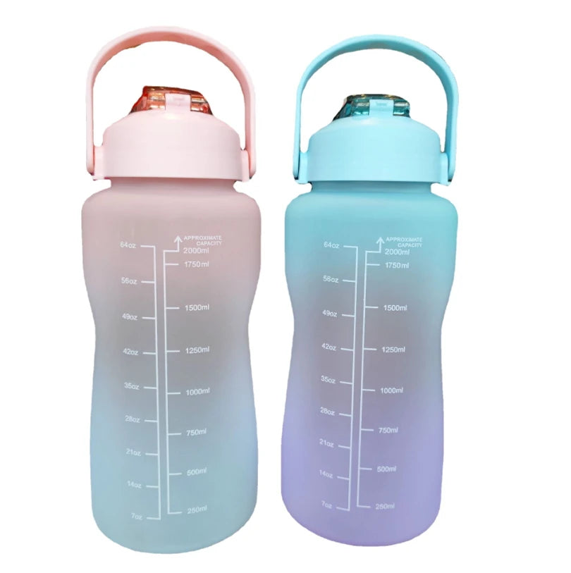 2000ML Custom 2 Liter Plastic Water Bottle with Straw Gradient Color with Time Marker to Drink