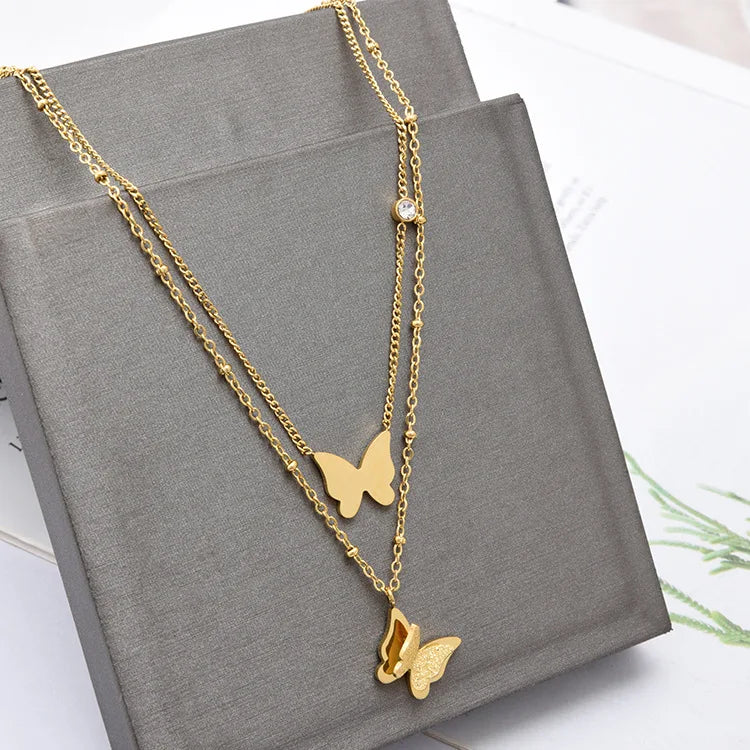 Gold Plated Titanium 2 Layers Butterfly Charm Necklace Link Chain Short Women's Engagement Party Jewelry Christmas Gift