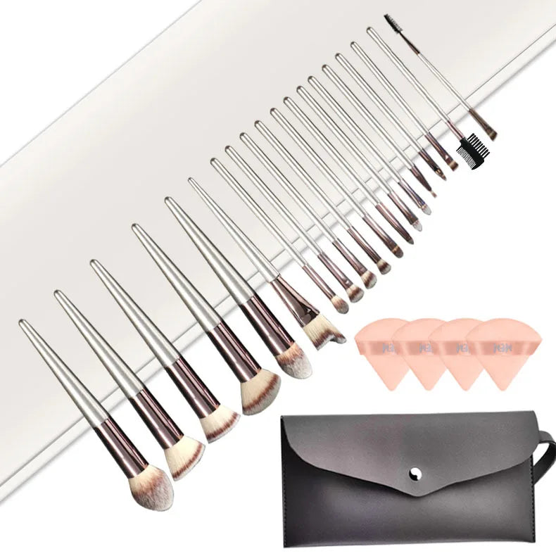 Champagne Foundation Powder Concealer Eyeshadow Eyebrow Brushes with Mini Triangle Puff 18PCS Makeup Brush Cushion Puff Set