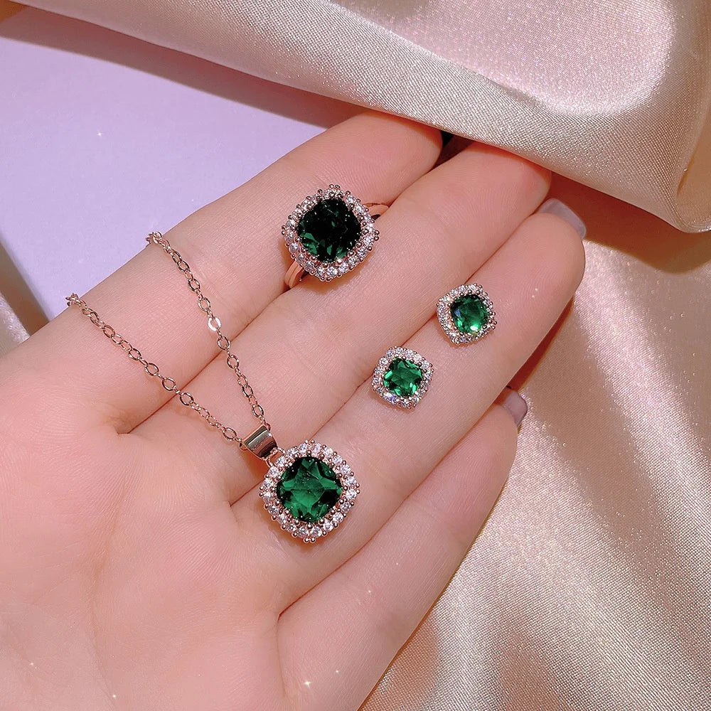 2022 Classic Crystal Jewelry Set Round Zircon Pendant Necklace Ring and Earring Jewelry Set for Women Gold Romantic Opp Bag
