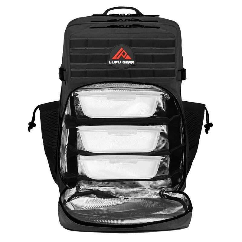 Customized 45L Black Tactical Meal Prep Backpack Zipper Closure Cup Holder Men's Gym Cooler Bags Featuring Waterproof Nylon
