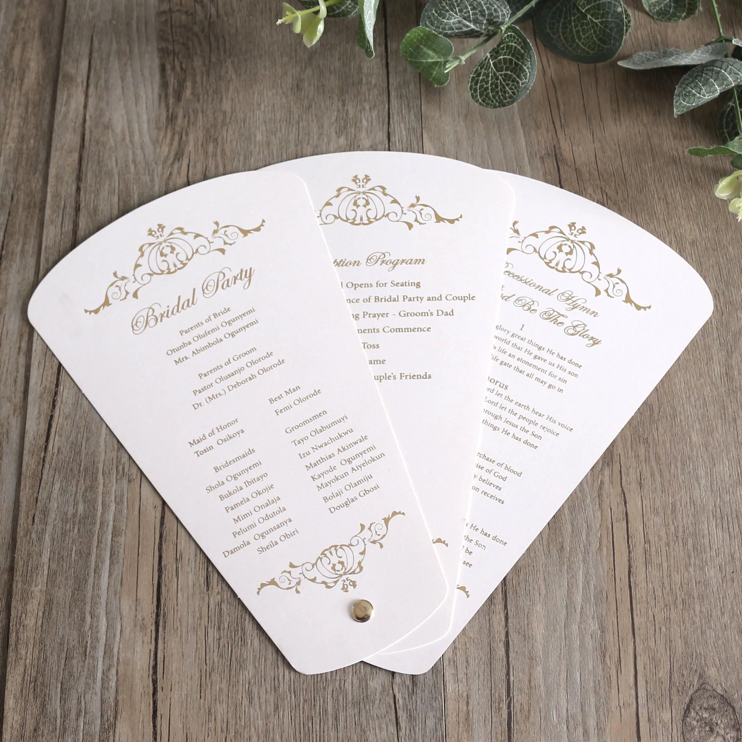 Three Pages Gold Foil Wedding Ceremony Program Fans White Cardboard Paper Wedding Invitation for Wedding Event