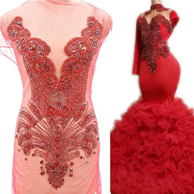 WDP-245 Keering Colorful Sewing Beaded Crystal Embellished Red Bodice  Rhinestone Appliques Mesh Fabric for Wedding Dress