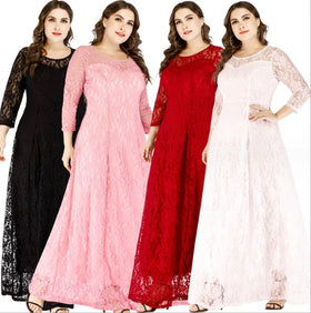 2023 European and American Women's New Large Evening Dress 3/4 Sleeves Long Dress Large Flare Lace Dress