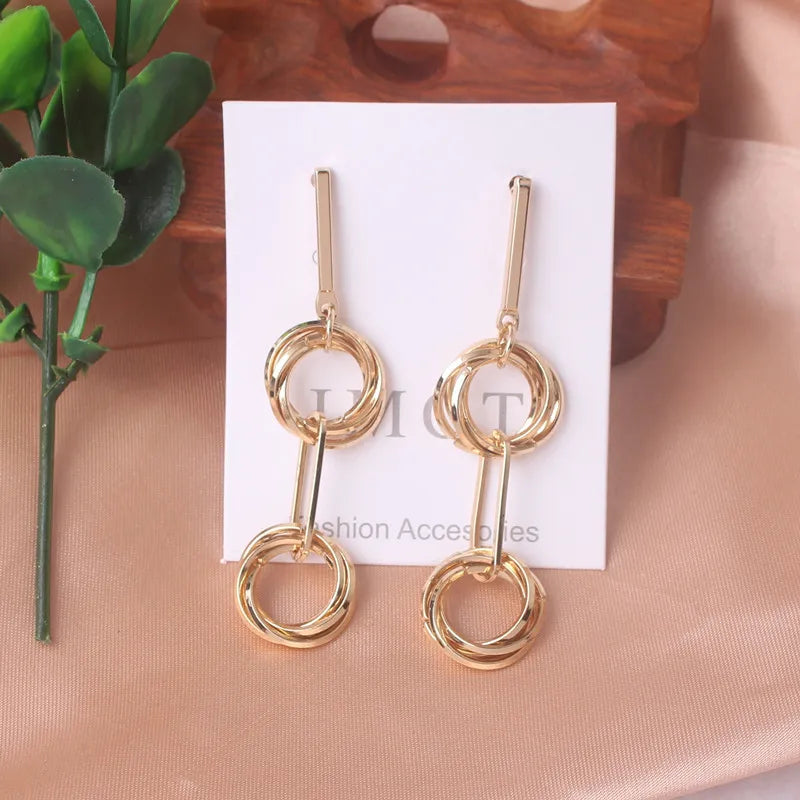New Trend Multi-layer Circles Drop Earrings Female Simple Long Gold Silver Color Irregular Geometric Earrings Jewelry Wholesale