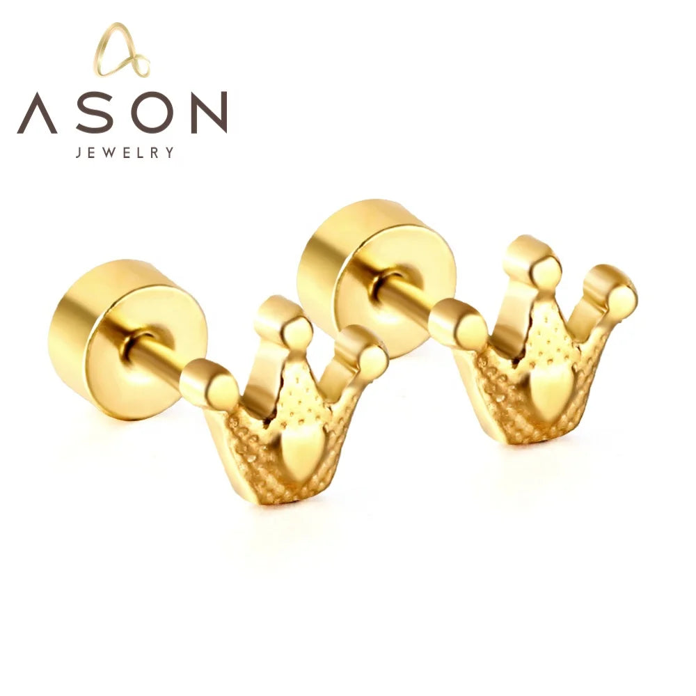 Ason Jewelry New Waterproof Stainless Steel Screw Earrings Cute Screw Plug Crown Stud Earrings for Children