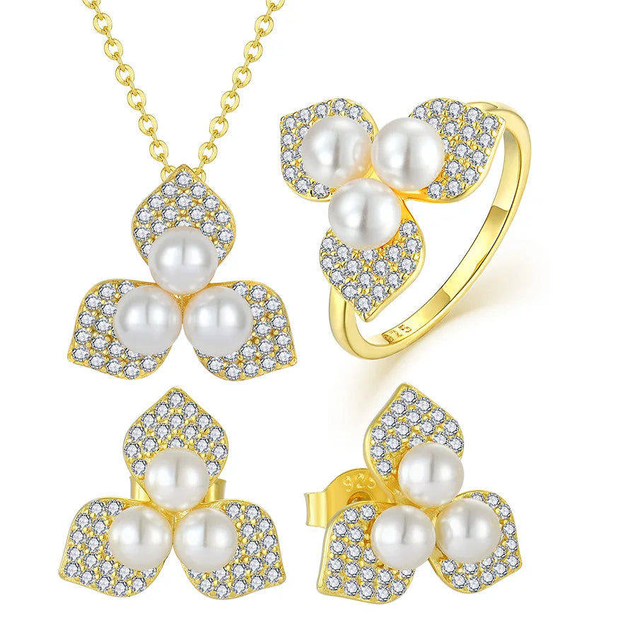 Gold Plated Fresh Water Pearl Jewelry Set Necklace Earrings and Ring Flower Design Women 925 Sterling Silver Bridal Jewelry Set