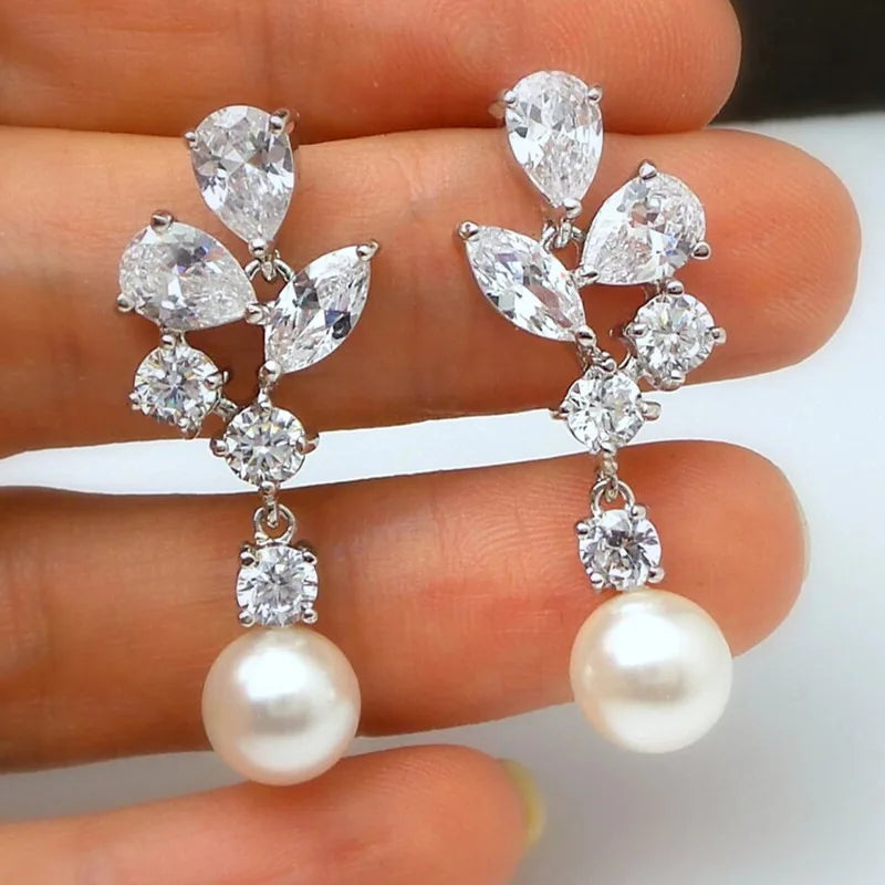CAOSHI Wholesale Women's Wedding Pearl Hanging Earring for Exquisite Flower Cubic Zirconia Silver Plated Pendant Earrings Female