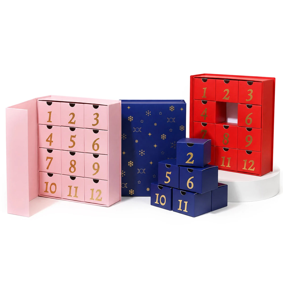 Wholesale Custom Advent Calendar Box 12 Days Empty Drawer Blind Box Christmas Countdown Gift Packaging with Gold Foil LOGO MegaBDM
