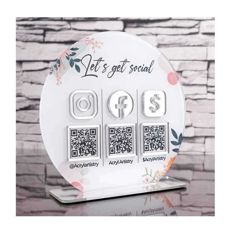 Circle Signage Tabletop Qr Code Holders Beauty Salon Social Media Acrylic Instagram Sign Stand