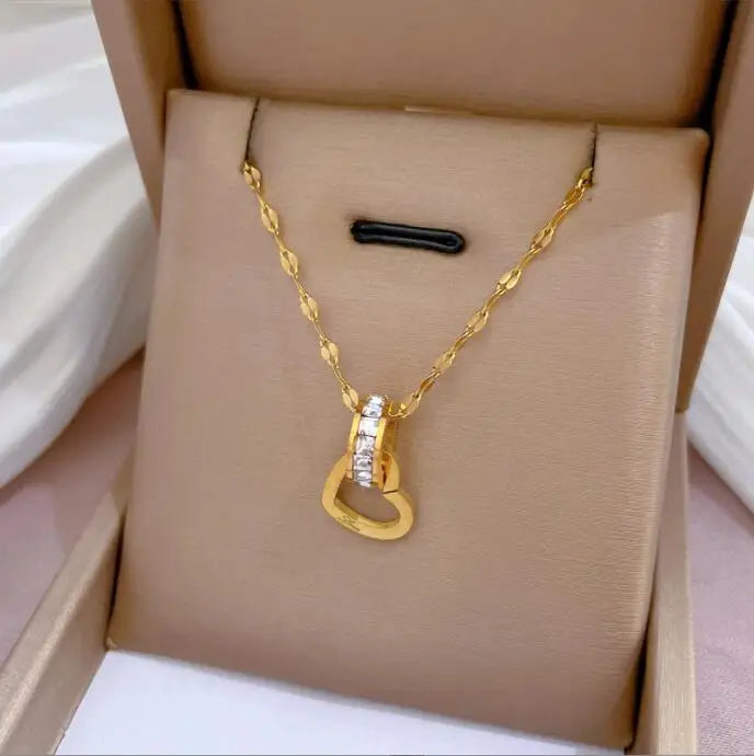Luxury Flower Zircon Couple Necklace for Women Gold Plated Charm Big Eye Stainless Steel Pendant Jewelry Lucky Accessories Gift