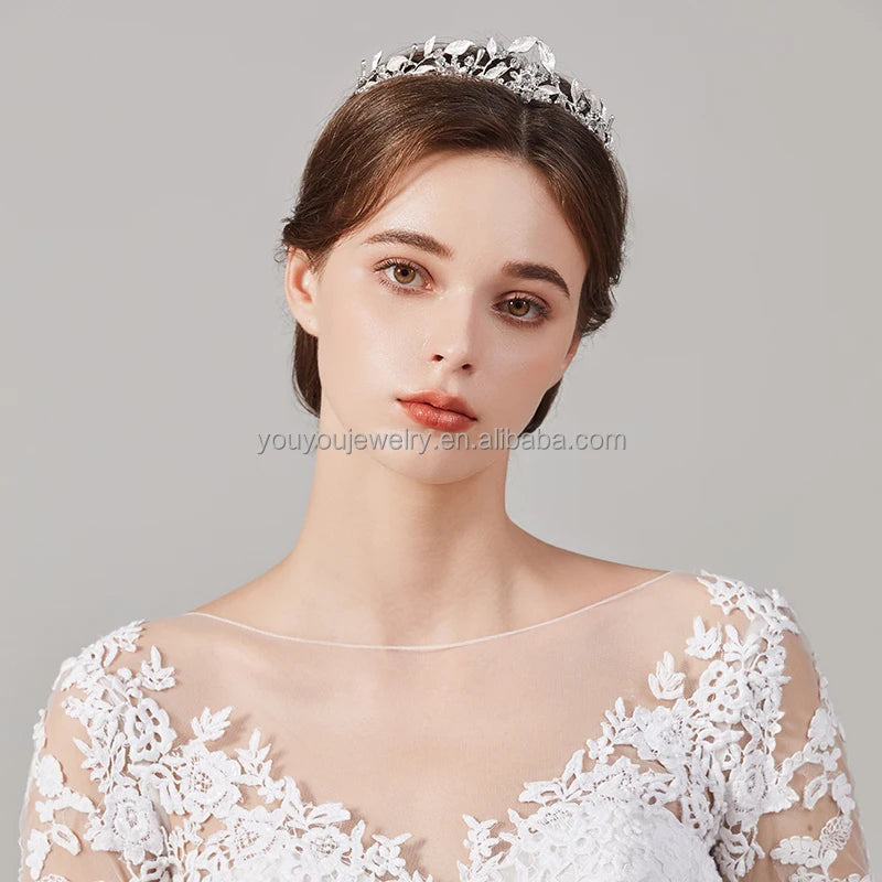 Elegant Alloy Crown Party Holiday Wedding Hair Jewelry Accessories Bridal  Metal Leaves Shape Crystal Rhinestone Crown
