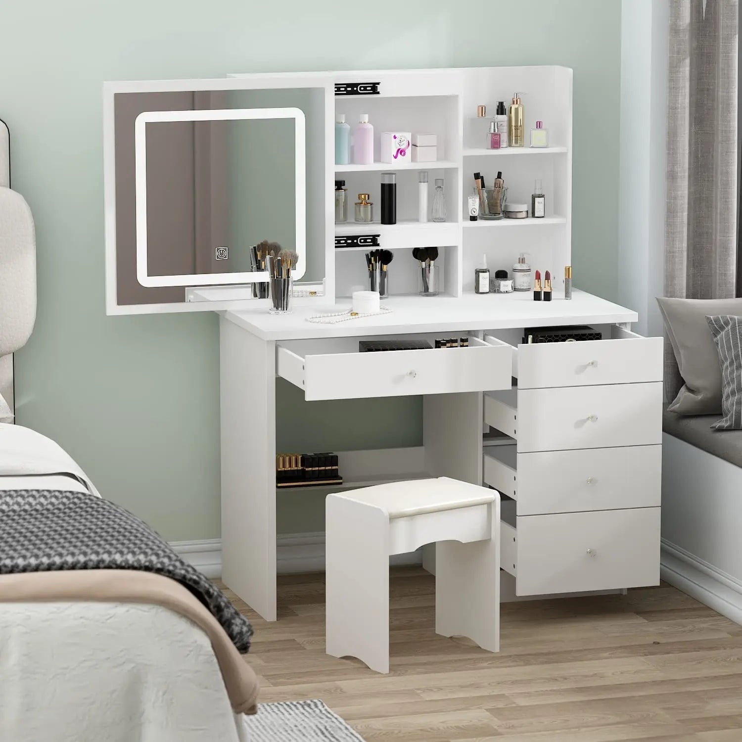 Nordic Modular Home Furniture Touch Screen Mirror Makeup Table Vanity Desk with Sliding Mirror and Lights