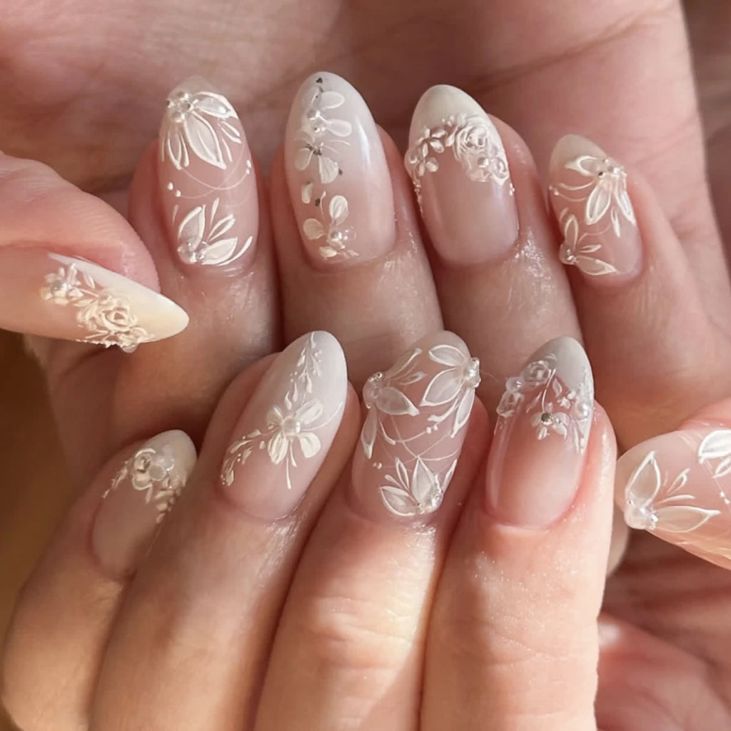 24 Pcs 4109 Elegant Nails with 3D Gold Flower & Cherry Design Press-On Nails for Women Press on Nails Artificial Fingernails