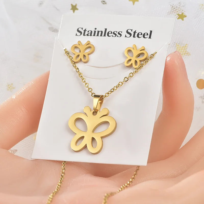 Fashion Titanium Steel Jewelry Stainless Steel Earring and Necklace butterfly Dolphin Jewelry Sets for Women
