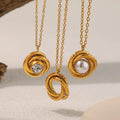 Trendy New Style 18K Gold Plated Twisted Thread Swirl Zircon Pearl Pendant Stainless Steel Necklace Set