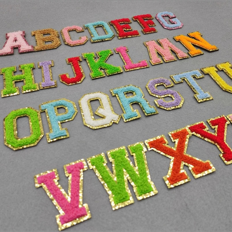 RTS 26 Letters Chenille Patches Set Colorful Ventralex Gold Glitter Iron-on Sticker Embroidered Flower Heart Shape for Hat Decor