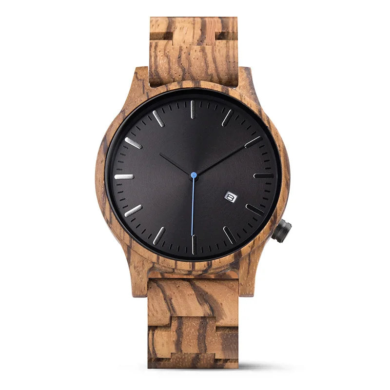 Customized Logo Wooden Clock Timepieces Week Date Display Black Sandalwood Zebra Wood Quartz Wristwatch