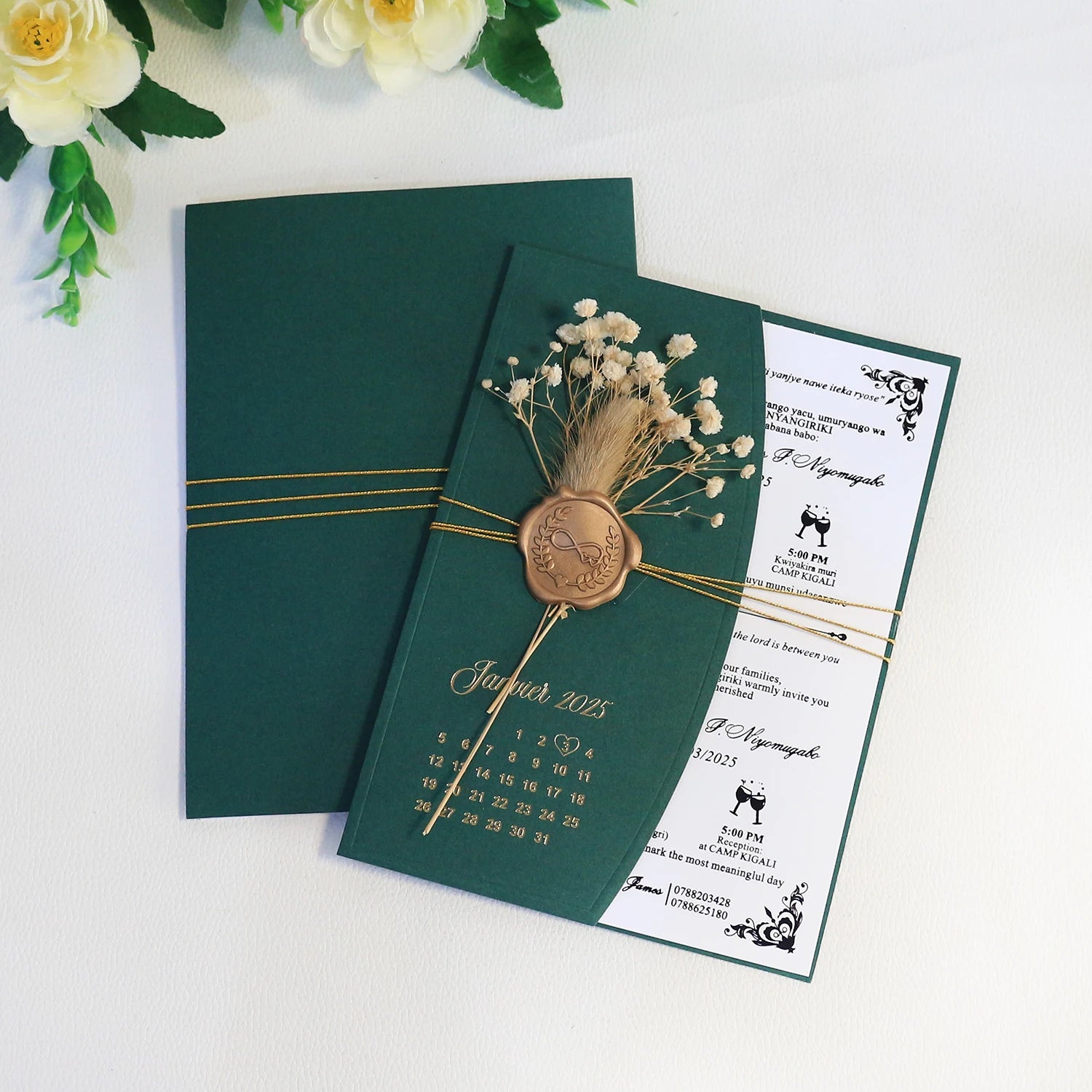 Custom Luxury 5*7 Inches Wedding Invitation Paper Cards with Match Envelope Cover With Wax Seal & Dried Plants