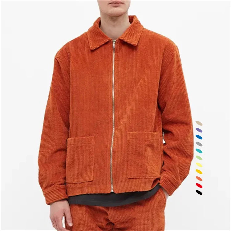Custom Full Zip 2 Patch Front Pockets Collar Corduroy Jacket for Men