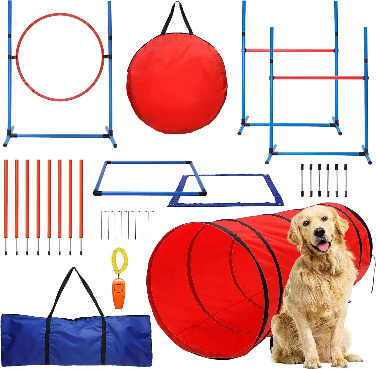 USMILEPET Dog Agility Training Equipment Dog Training Kit Pet Outdoor Game with Tunnel Agility Hurdle Weave Poles Jump Ring