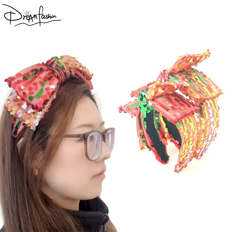 Dream Fashion Christmas Style Luxury Glitter Sequin Bow Side Knot Red and Green Headband for Women Big Custom Headband