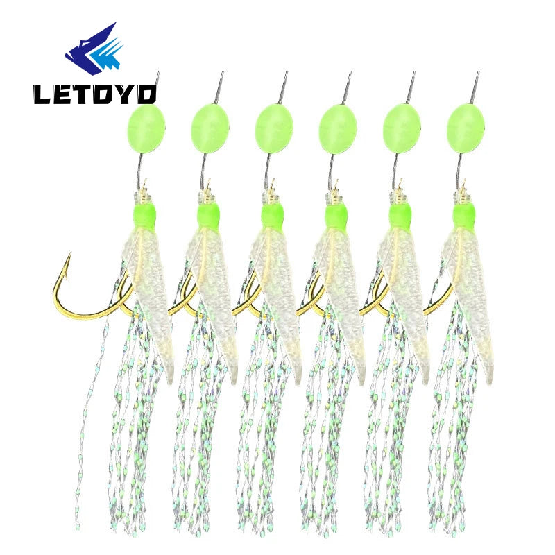 LETOYO Fishing Sabiki 8#-18# Pesca UV Glow Feather Sabiki Rigs Saltwater Fishing Hooks Barrel Swivel Luminous Beads