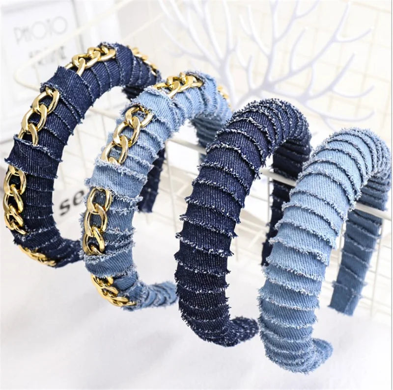 Hot Selling Metal Chain Denim Winding Hair Band New Fashion Thickening Sponge Headbands Girls Accessories Hairband