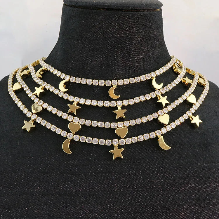 NZ1407 Dainty 18k Gold Plated Diamond CZ Tennis Heart Moon and Star Station Tennis Choker Necklace