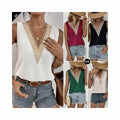 Women's White V-Neck Lace Vest Elegant Loose Fit Casual Summer Tops Custom Print Short Sleeveless Hollow Knitted T-Shirts