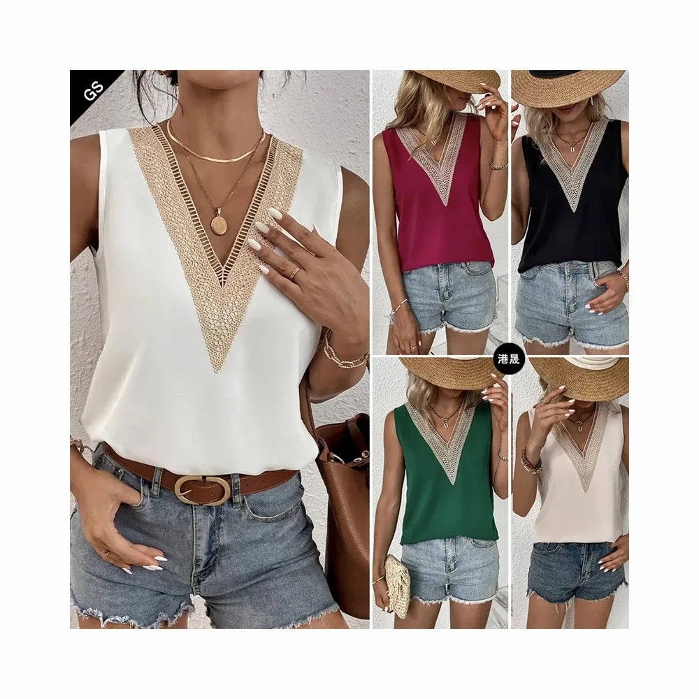 Women's White V-Neck Lace Vest Elegant Loose Fit Casual Summer Tops Custom Print Short Sleeveless Hollow Knitted T-Shirts