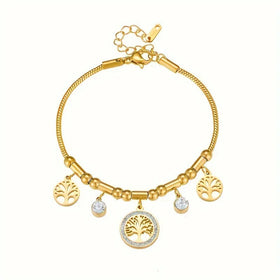 Vintage Adjustable Gold Plated Evil Eyes Paper Clip Chain Necklace Stainless Steel Tree of Life Snake Chain Bracelet