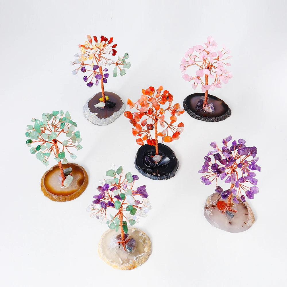 Natural Healing Crystal Crafts Gemstone Ornamental Tree with Agate Slice Base Crystal Money Tree for Decoration Gifts