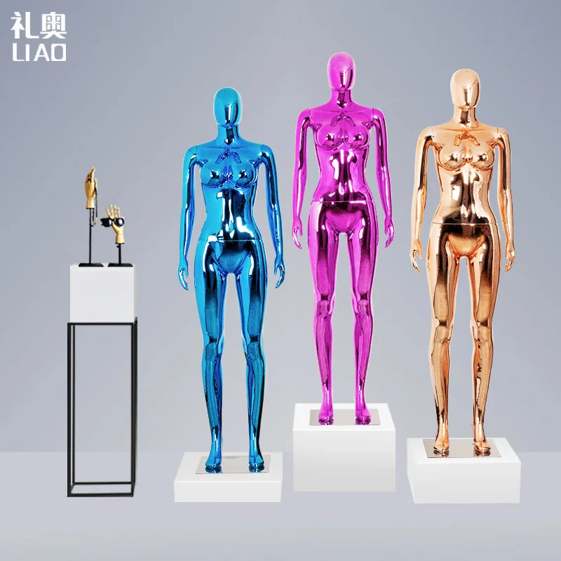Factory Sale Chrome Female Mannequins High Heel Shinny Gold Blue Silver Women Dummy Boutique Clothes Shop Window Fashion Display
