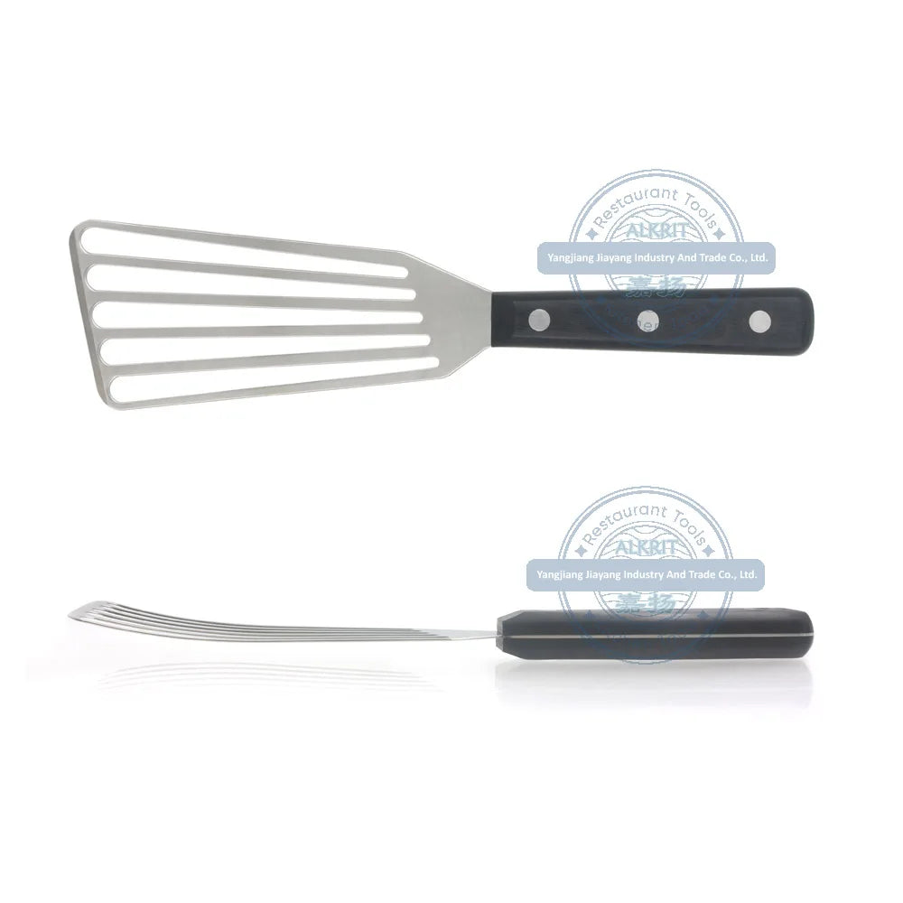 (ALWH-A001) Stainless Steel Fish Spatula Slotted Turner Spatula with a Curved Angle and Pakka Wood Handle for Chefs