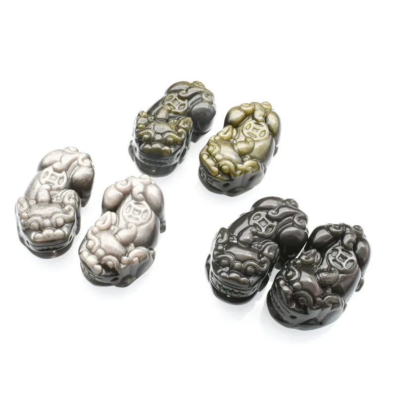 Natural Gemstone Obsidian Double Hanging Fengshui Pixiu Carving Connector for DIY Women Men Bracelet