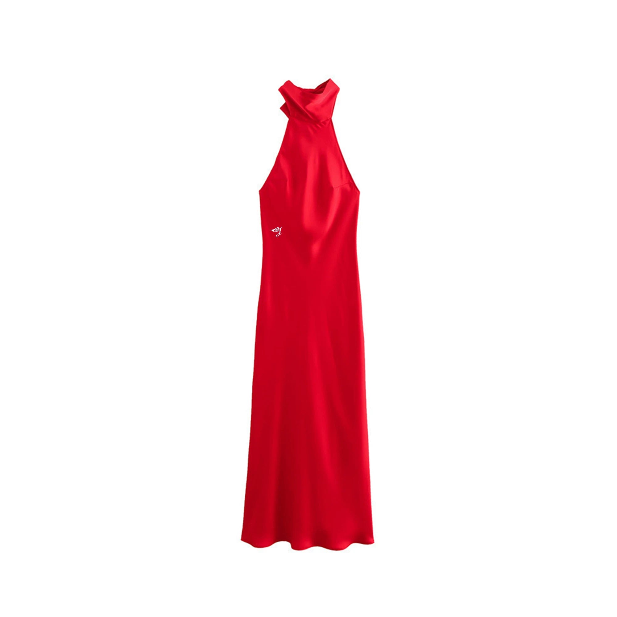 Customizable Women's Chic Vintage Midi Dress Brand Silk Satin Hang Neck A-Line with Halter Collar for Parties