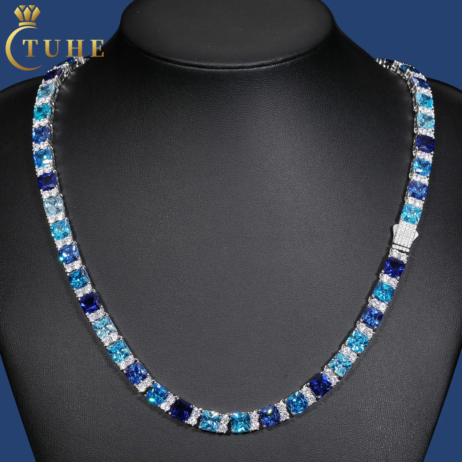 Gradient Style Party Jewelry Luxury 925 Sterling Silver Princess Cut Colored AAAAA CZ Diamond Cluster Tennis Chain Necklace
