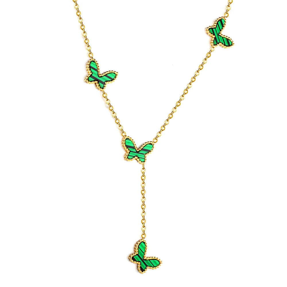 Stainless Steel Jewelry 18K Gold Plated Chain Green Enamel Butterfly Necklace Y Shape Layered Pendant Dainty Necklace for Women